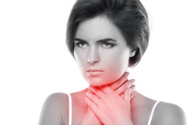 Woman with a pain in her throat on white background clipart