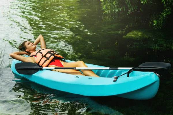 Happy Woman Relax Lying Kayak — Stock Photo, Image