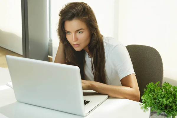 Молодая Женщина Работающая Ноутбуком Офисе — стоковое фото