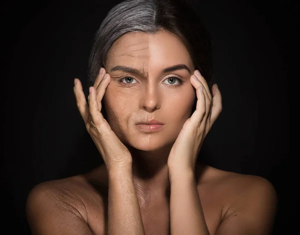 Kavram Yaşlanma Genç Yaşlı Karşılaştırılması Profesyonel Makyaj Sanatçısı Çalışma Ile — Stok fotoğraf