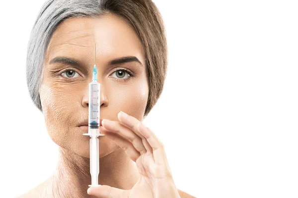 Young Old Face Comparison Woman Syringe Surgery Beauty Concept — Stock Photo, Image