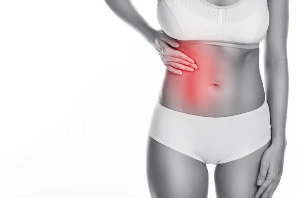 Woman Feeling Pain Her Ribs Liver Problem Isolated White Background — Stock Photo, Image