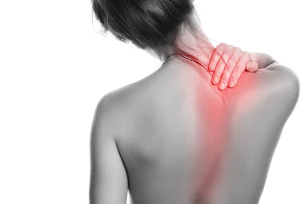 Woman Pain Her Back Neck White Background — Stock Photo, Image