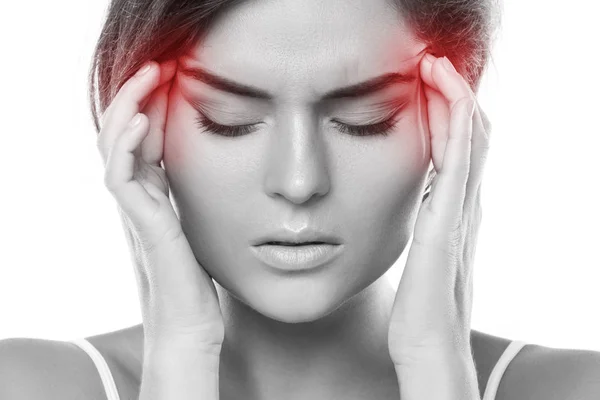 白い背景の上の頭痛を持つ若い女性 — ストック写真