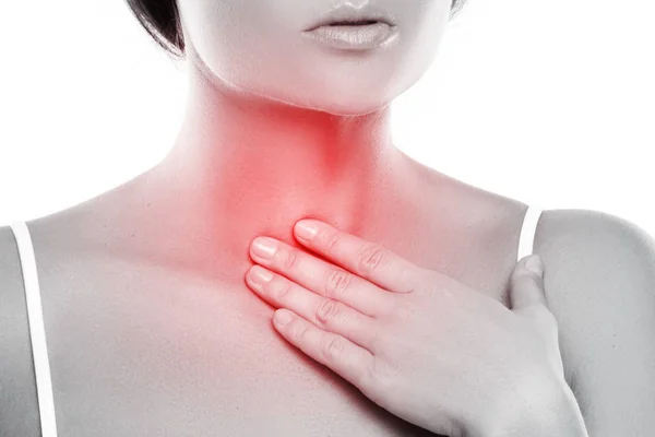 Woman Pain Her Throat White Background — Stock Photo, Image
