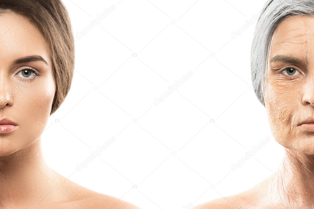 Aging concept. Comparison of young and old. Real result achieved with work of professional makeup artist. Not CGI.