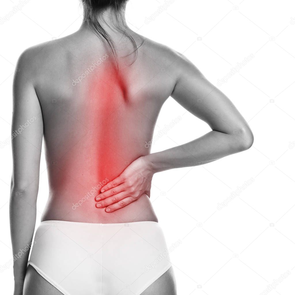 Woman with lower pain back on white background