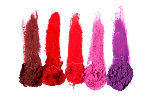 Diversi Campioni Multicolori Rossetto Sbavato Sfondo Bianco — Foto Stock