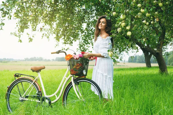 Lovely Woman Bicycle Apple Tree Village Garden — Stock Photo, Image