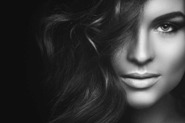 Black and white portrait of  Woman with curly hair and beautiful make-up clipart