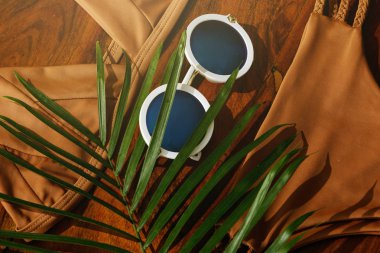 Farklı plaj öğeleri kapatın. Güneş gözlüğü, bikini ve palmiye yaprağı.