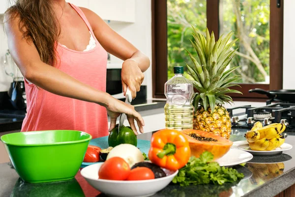 Close Female Hands Cooking Preparing Salad Fresh Vegetables Fruits — Stock Photo, Image