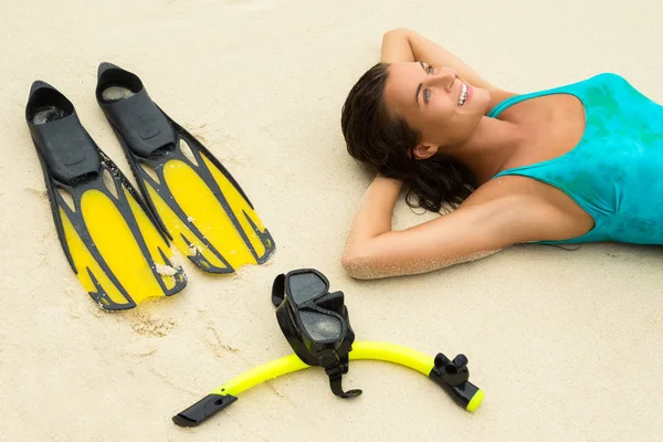 Young Woman Mask Snorkeling Summer Beach Holidays — Stock Photo, Image