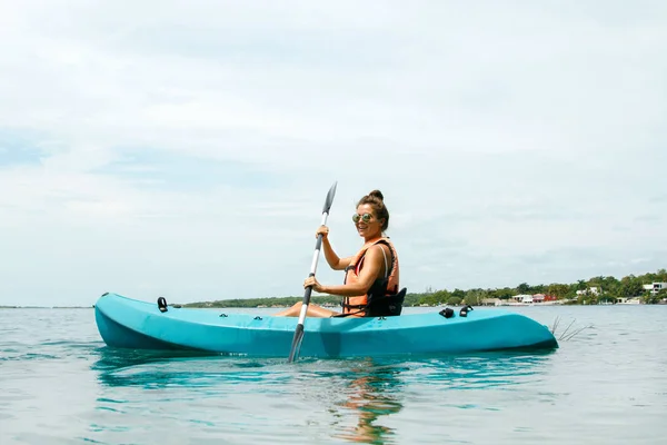 Happy Young Beautiful Woman Kayaking Lake — Stock Photo © AY_PHOTO