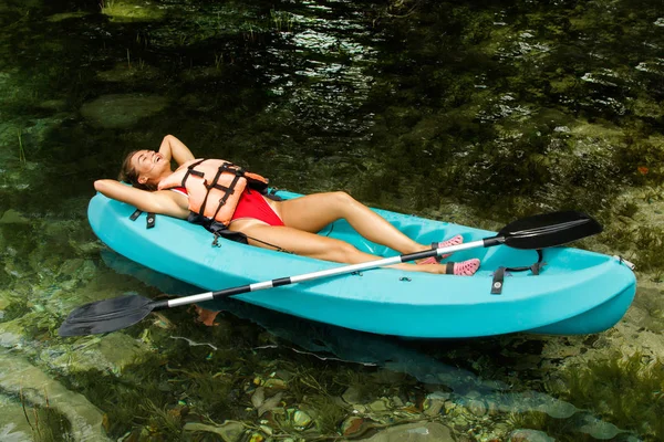 Happy Woman Relax Lying Kayak Lake — Stock Photo, Image