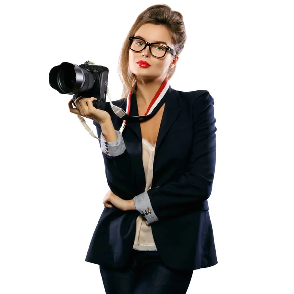 Kvinnan Fotograf Med Dslr Kamera Som Isolerad Vit Bakgrund — Stockfoto