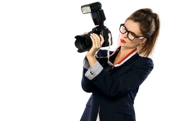 Γυναίκα Φωτογράφος Μια Dslr Φωτογραφική Μηχανή Που Απομονώνονται Λευκό Φόντο — Φωτογραφία Αρχείου