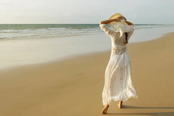 Happy Young Woman Wearing Beautiful White Dress Walking Beach Sunset — Stock Photo, Image