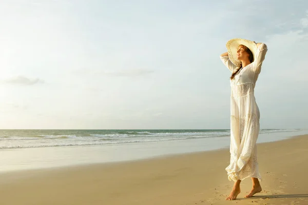 Happy Young Woman Wearing Beautiful White Dress Walking Beach Sunset — Stock Photo, Image