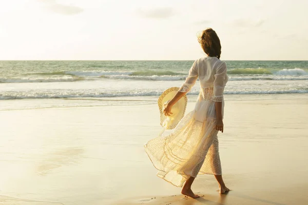 Happy Young Woman Wearing Beautiful White Dress Walking Beach Sunset — Stock Photo, Image