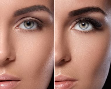 Kaş microblading ve kirpik uzatma. Makyaj sonra kadın gözleri arasındaki fark.