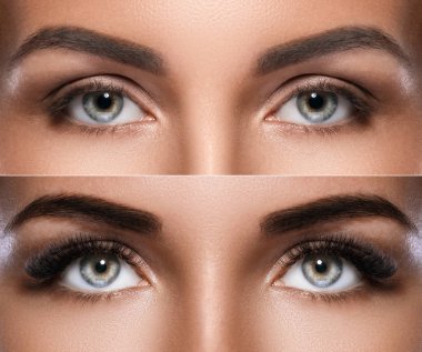 Kaş microblading ve kirpik uzatma. Makyaj sonra kadın gözleri arasındaki fark.