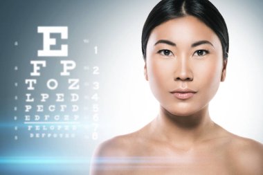 Göz hastalıkları kavramı. Asyalı kadın ve göz grafik görme testi için. 