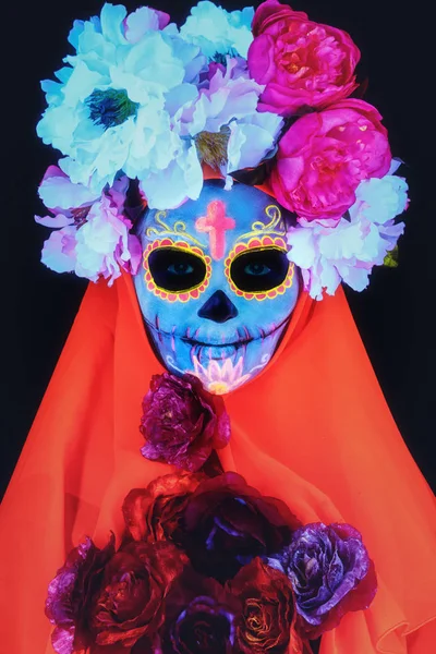 Imagen Creativa Sugar Skull Maquillaje Neón Para Halloween Dia Mertos — Foto de Stock
