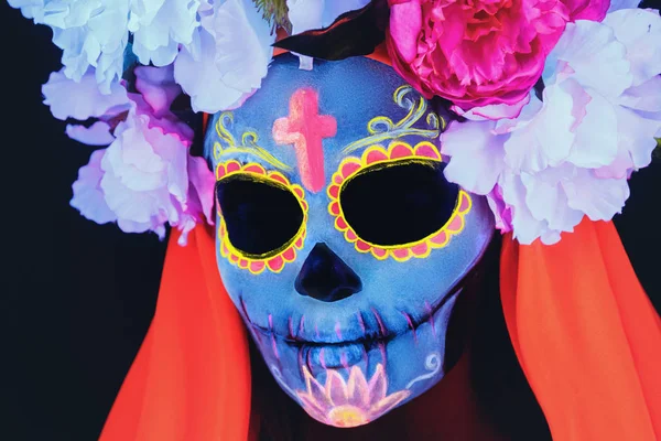 Imagen Creativa Sugar Skull Maquillaje Neón Para Halloween Dia Mertos — Foto de Stock