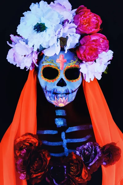 Imagen Creativa Sugar Skull Maquillaje Neón Para Halloween Dia Mertos — Foto de Stock