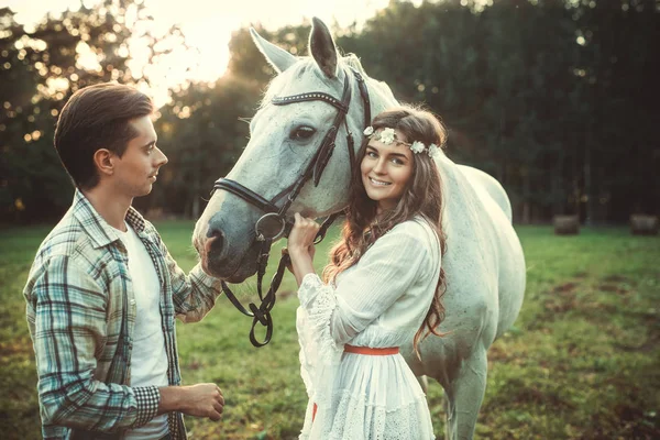 Young Couple Taking Care Beautiful Horse — Stock Photo, Image