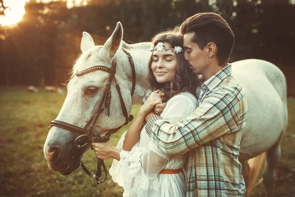 Young Couple Taking Care Beautiful Horse — Stock Photo, Image