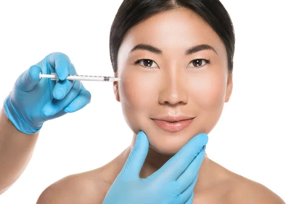 Asian Woman Receiving Facial Injections Isolated White Background — Stock Photo, Image