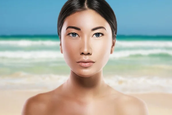 Asian Woman Difference Skin Brightness Concept Facial Whitening Sun Protection — Stock Photo, Image