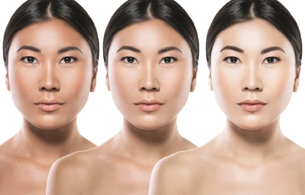 肌の明るさの違いでアジアの女性 顔を白くするまたは太陽保護の概念 — ストック写真