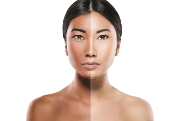 Mulher Asiática Com Diferença Brilho Pele Conceito Clareamento Facial Proteção — Fotografia de Stock