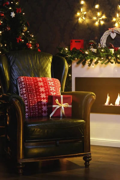 Christmas Gifts Armchair Fireplace — Stock Photo, Image