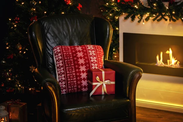 Christmas Gifts Armchair Fireplace — Stock Photo, Image