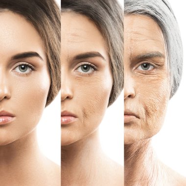 Kavram yaşlanma. Genç ve yaşlı karşılaştırılması. Profesyonel makyaj sanatçısı çalışma ile elde gerçek sonuç. CGI.
