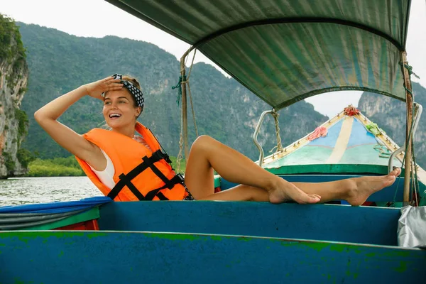 Happy Young Beautiful Woman Kayaking Lake — Stock Photo © AY_PHOTO