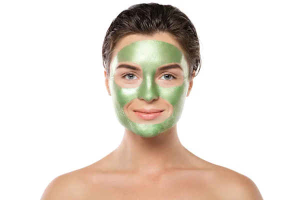 Wanita dengan penutup kulit hijau di wajahnya. — Stok Foto