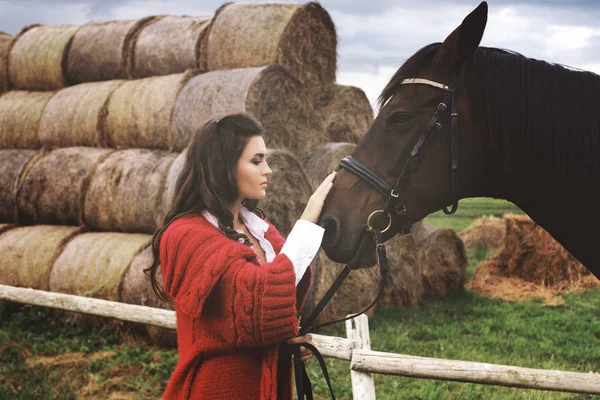 Wanita muda penunggang dan kuda cantik nya — Stok Foto