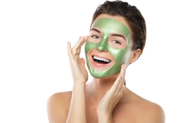 Woman with green peel-off mask on her face — Stock Photo, Image