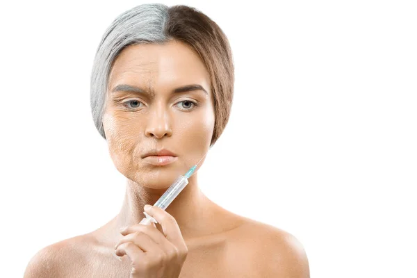 Young and old face comparison. Woman with syringe. — Stock Photo, Image