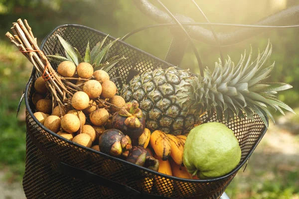 Cesta en la bicicleta llena de diferentes frutas exóticas — Foto de Stock