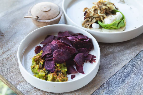 Beetroot veggie chips and guacamole