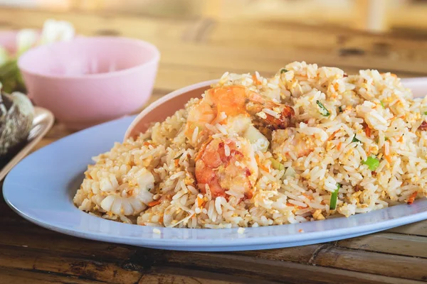 Plate of fried rice with shrimps