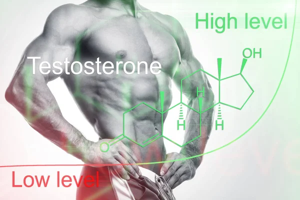 Мускулистое мужское тело и формула гормона тестостерона — стоковое фото