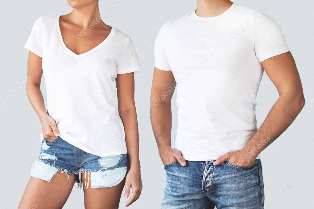 Man and woman wearing a white cotton shirt with empty space for 