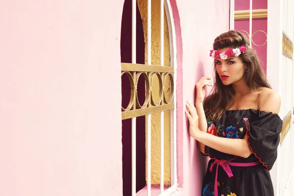 Beautiful woman wearing traditional mexican dress is posing besi — Stock Fotó